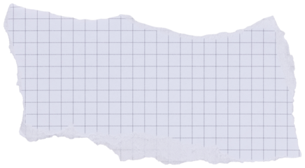 Ripped scrap of checkered white notebook page with black grid, isolated paper element for collage