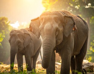 Two elephants in a lush forest at sunrise