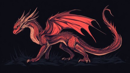 Red Dragon Walking on Dark Ground Fantasy Creature Illustration
