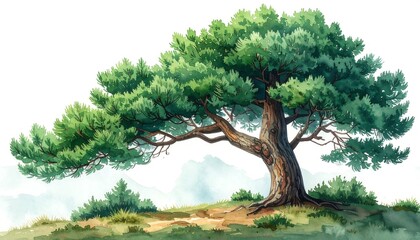 Watercolor illustration of a large old tree with full green foliage on a grassy knoll