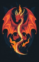 Red Scaled Dragon with Fiery Wings Cartoon Vector Illustration
