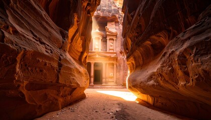 Ancient Building Between Rock Formations Illuminated by Sunlight