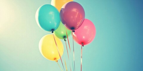 Colorful Balloons Floating Against Bright Blue Sky Celebration Concept