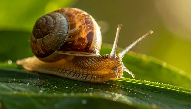 Snail crawling on a green leaf in sunlight - Powered by Adobe