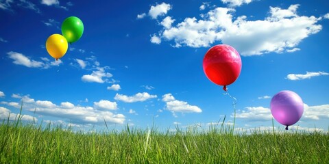 Colorful Balloons Floating Above Green Grass Against Blue Sky