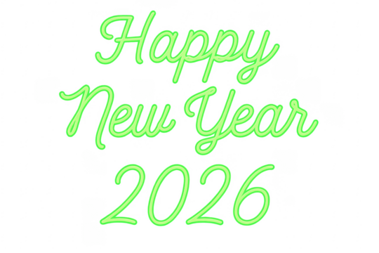 Happy new year 2026 neon glowing text on transparent background