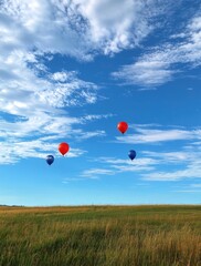 Colorful Hot Air Balloons Flying Over Golden Field Under Sunny Blue Sky