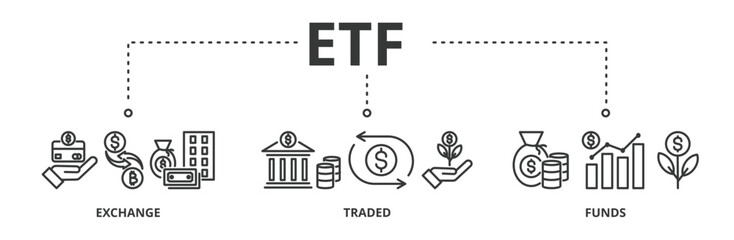 ETF banner vector illustration concept Exchange Traded Funds Stock Market Investment with icon of money, cash flow, trading, transaction, bank, accounting, and growth