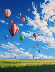 Colorful Hot Air Balloons Floating Above Yellow Field Under Bright Sky