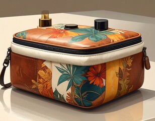 Intricate Leather Cosmetic Case with Tropical Floral Design