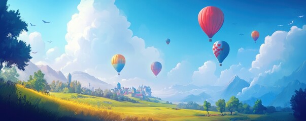 Colorful Hot Air Balloons Floating Above Green Field and Distant Castle