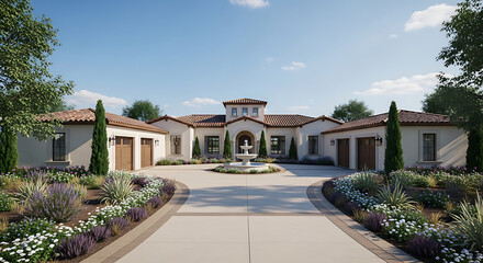 Obraz premium A stunning Mediterranean-style home with a circular driveway, fountain centerpiece, and attached garages. Landscaped with lush greenery and flowering plants. Exudes luxury and elegance.