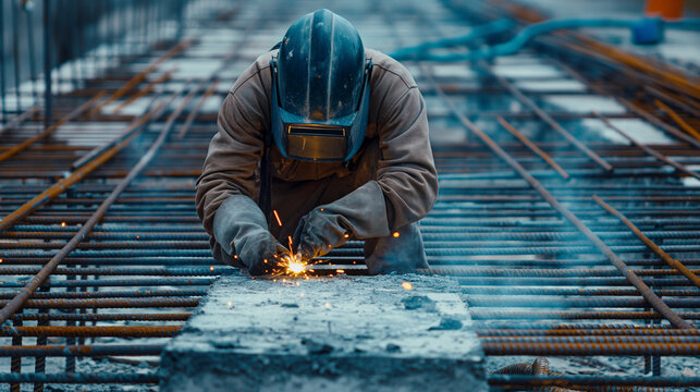 Trabalhador soldando uma estrutura de metal em um canteiro de obras