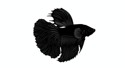 Fototapeta premium A striking black Betta fish, known for its elegant flowing fins, is depicted in a detailed vector illustration, isolated on a clean white background.