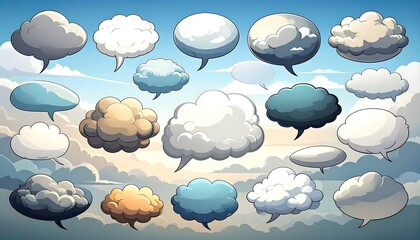 Cloud-shaped speech bubbles float against a bright blue sky and fluffy, white clouds
