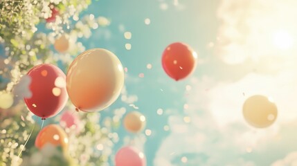 Pastel Balloons Floating in Sunny Sky with Confetti and Blossoms