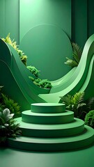Green abstract display podium with plants