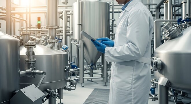 Professional technician in lab coat and gloves uses tablet to monitor advanced manufacturing process equipment in modern industrial facility