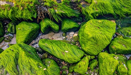 Green algae covering rocks by the ocean