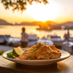 Crispy fish dish at sunset by the water
