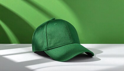 Green baseball cap on white surface with green background