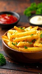 Crispy French fries in a wooden bowl