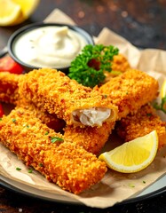 Crispy fish fingers with creamy sauce, served with lemon and herbs