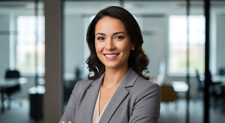 Confident and Smiling Businesswoman in Modern Office Setting