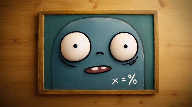 Cartoon Character With Surprised Expression Holding Chalkboard With Math Symbol in a Cozy Room Setting