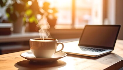 Warm coffee and laptop on a wooden table, sunlight