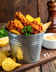 Crispy fried chicken and chips in a metal bucket