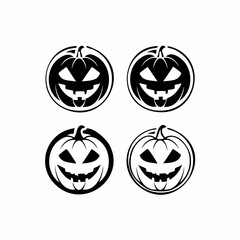 Obraz premium A collection of four black and white Halloween pumpkin jack-o'-lantern icons with spooky carved faces, isolated for graphic design