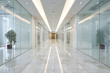 Modern Office Corridor with Reflective Glass Walls and Geometric Lighting.