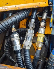 Close-up of industrial machinery's hydraulic connectors and hoses
