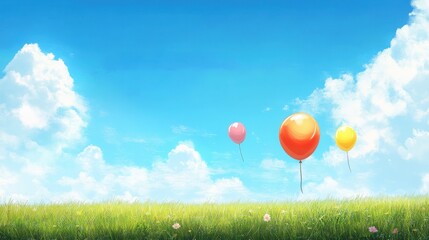 Colorful Balloons Floating Above Grassy Field Under Bright Blue Sky