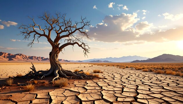 Dried-out landscape with lone tree