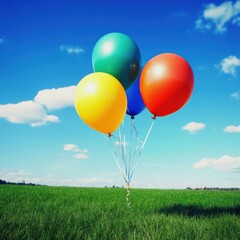 Colorful Balloons Floating in Bright Blue Sky Over Green Field