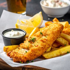 Crispy fried fish and chips on parchment paper (1)