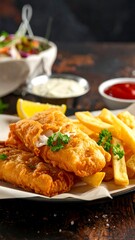 Crispy fried fish and chips on parchment paper