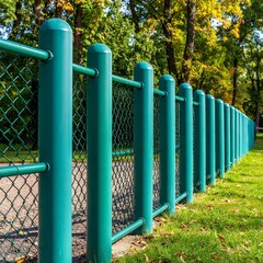 Green chain-link fence along grassy area