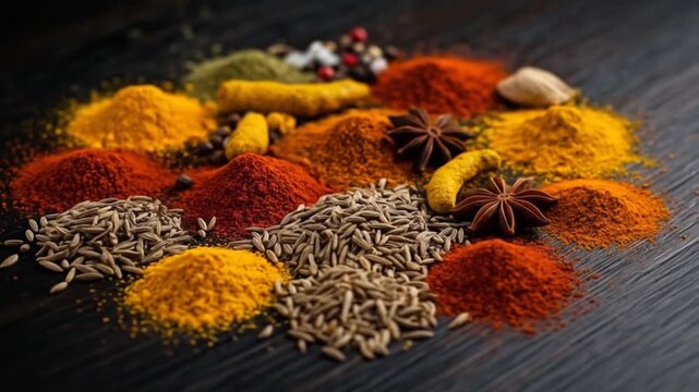 Colorful Array of Spices on Dark Wooden Surface