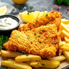 Crispy fried fish and chips with a side of sauce