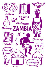 Zambia Culture Illustration Set – Traditional People, Music, Dance, Food, and Symbols
