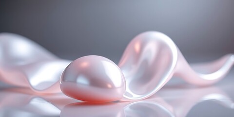 A large, luminous pink pearl rests on a flowing ribbon of iridescent, soft satin in a clean, minimalist studio shot.