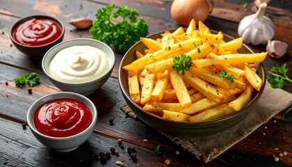Crispy fries with sauces on a rustic wooden table
