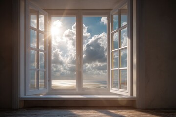 Obraz premium Sun-Drenched Open Window Revealing a Vast, Cloud-Filled Sky and Horizon.