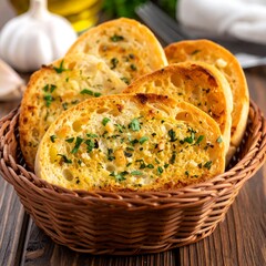 Crispy garlic bread slices in a wicker basket