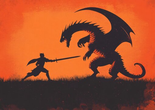 Fototapeta Silhouetted Knight Facing Dragon with Sword on Orange Background