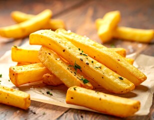 Crispy golden french fries on parchment paper