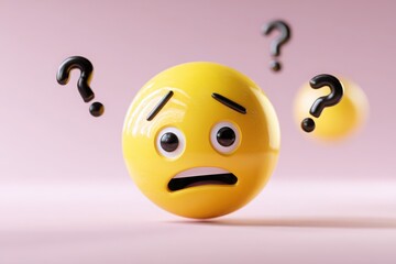 A confused yellow emoji with raised eyebrows and a frown, surrounded by floating question marks
